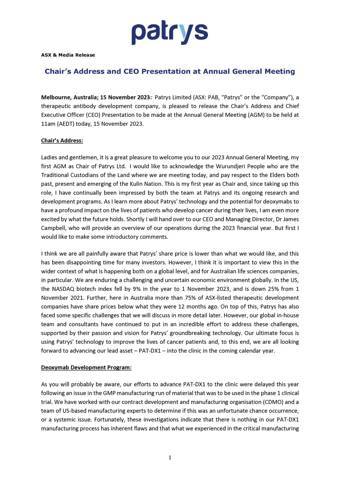 Chair's Address and CEO Presentation to 2023 AGM