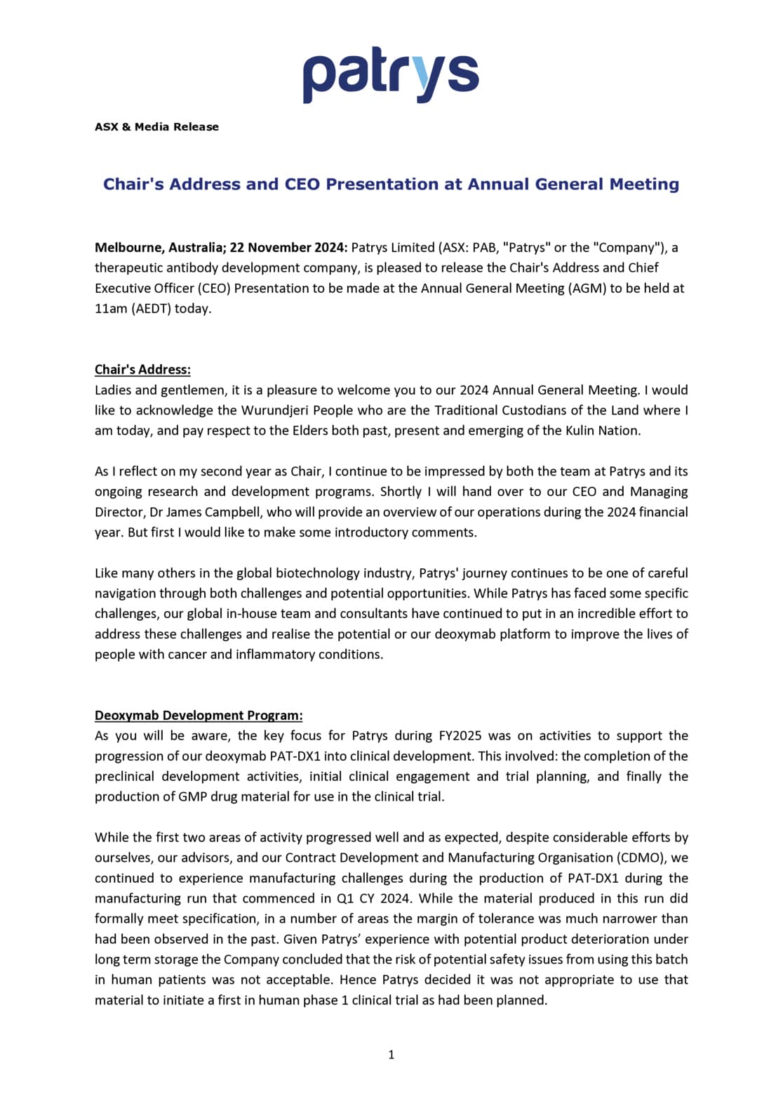 Chair's Address and CEO Presentation to 2024 AGM
